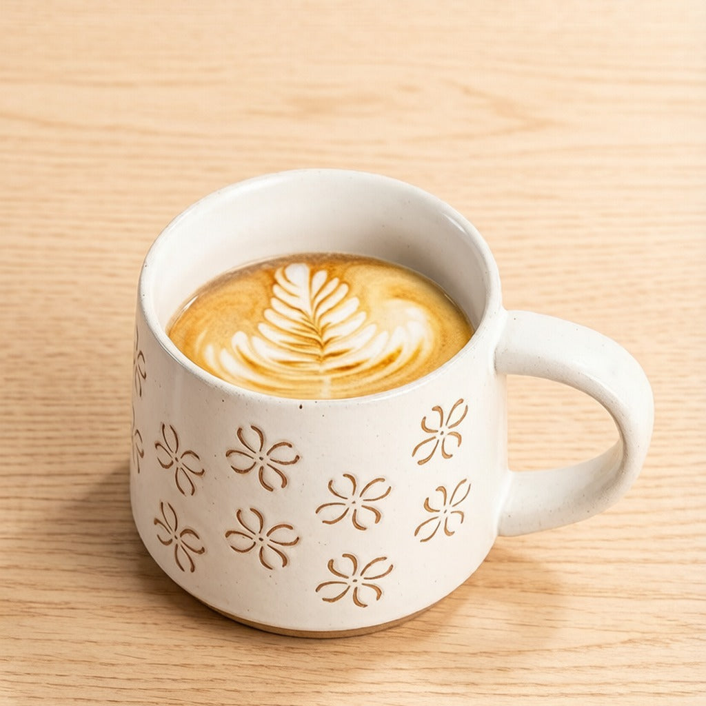 Embossed Floral White Ceramic Coffee Mug