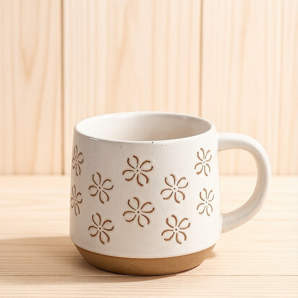 Embossed Floral White Ceramic Coffee Mug