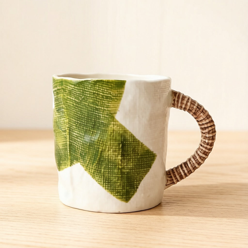 Handmade Textured White Ceramic Mug With Green Leaf Print Rope Pattern Handle