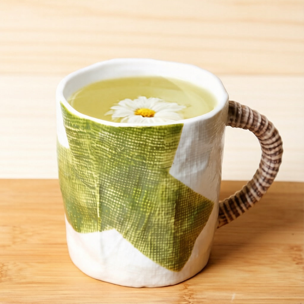 Handmade Textured White Ceramic Mug With Green Leaf Print Rope Pattern Handle