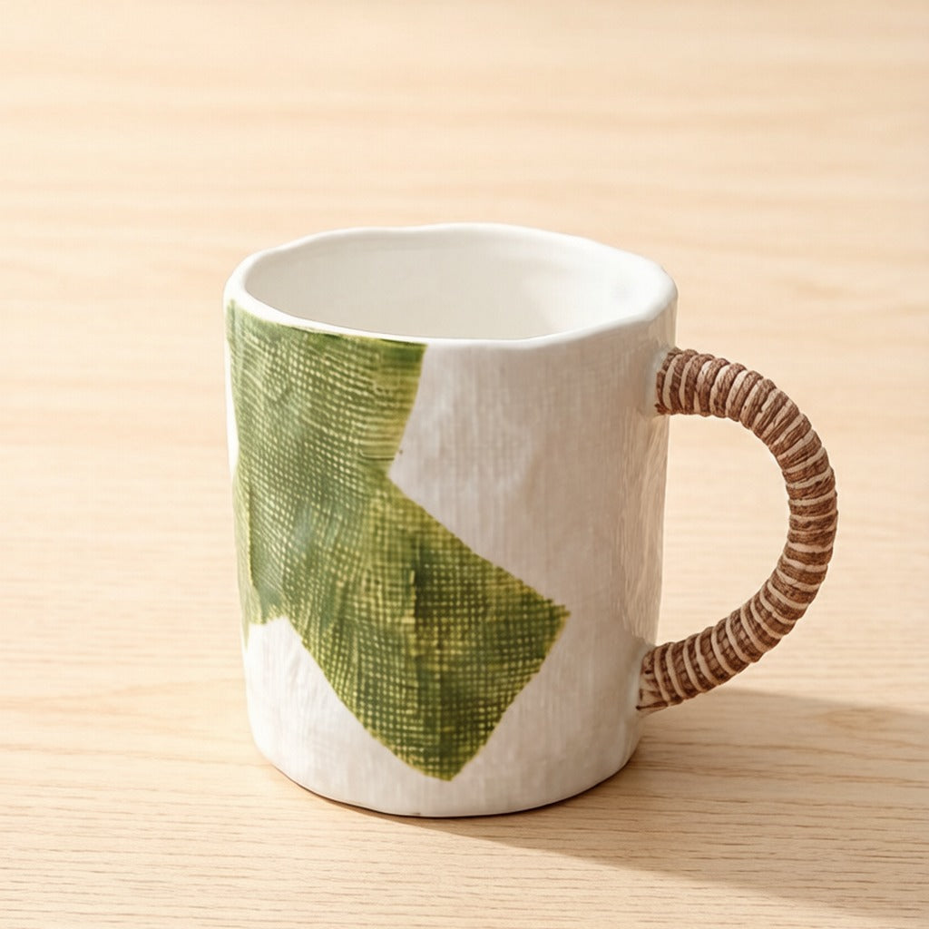 Handmade Textured White Ceramic Mug With Green Leaf Print Rope Pattern Handle