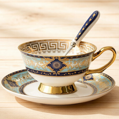 European Vintage Gilded Bone China Coffee Tea Cup Saucer Set