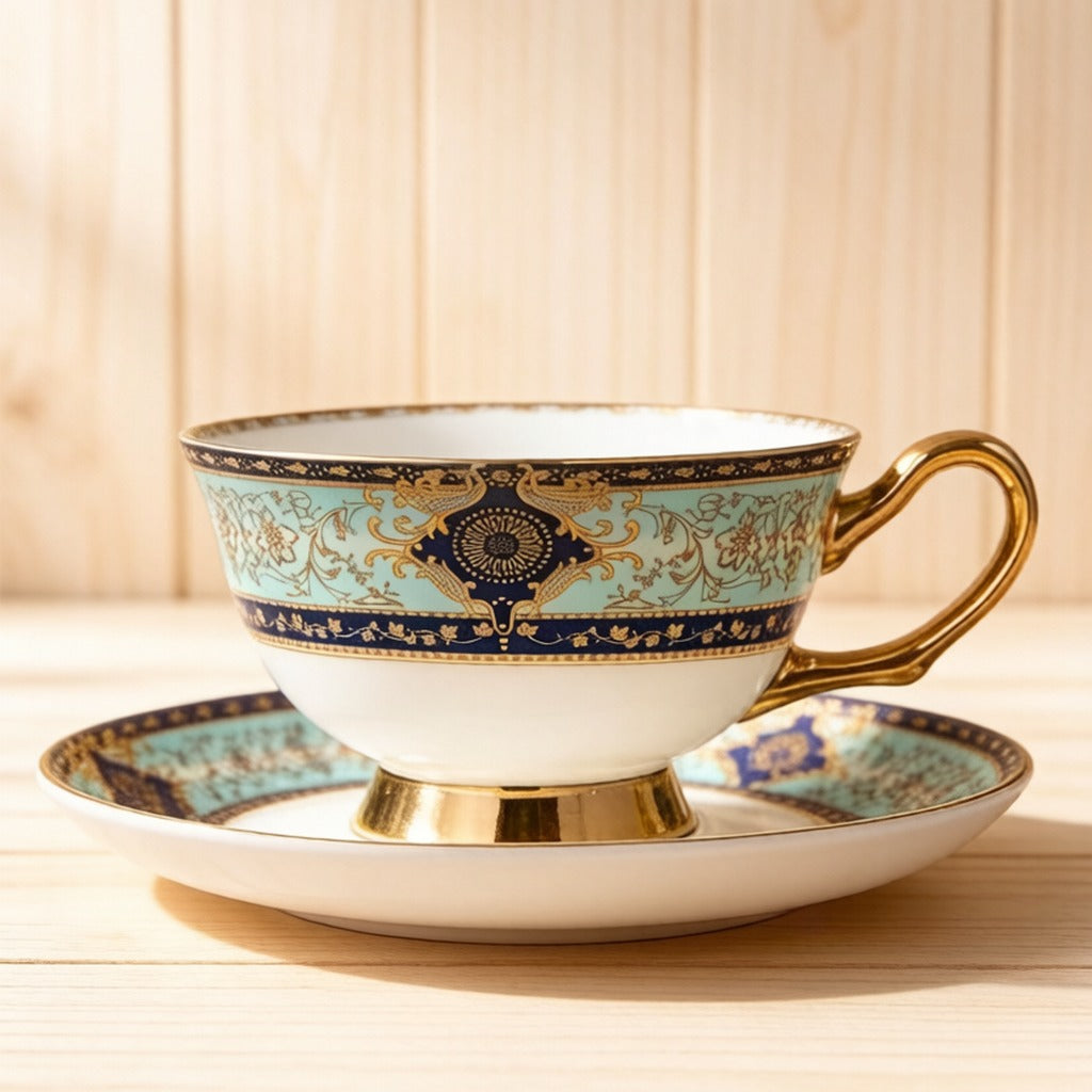 European Vintage Gilded Bone China Coffee Tea Cup Saucer Set