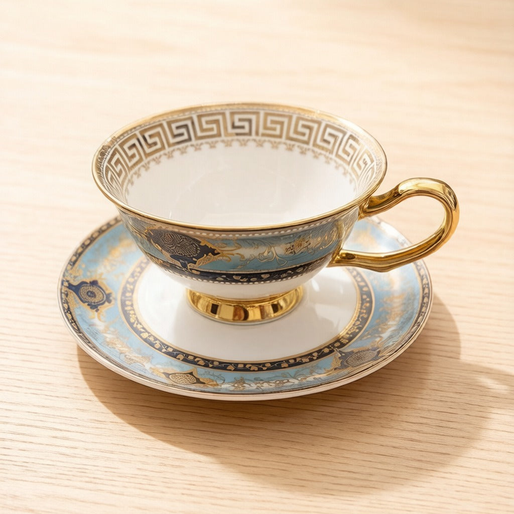European Vintage Gilded Bone China Coffee Tea Cup Saucer Set