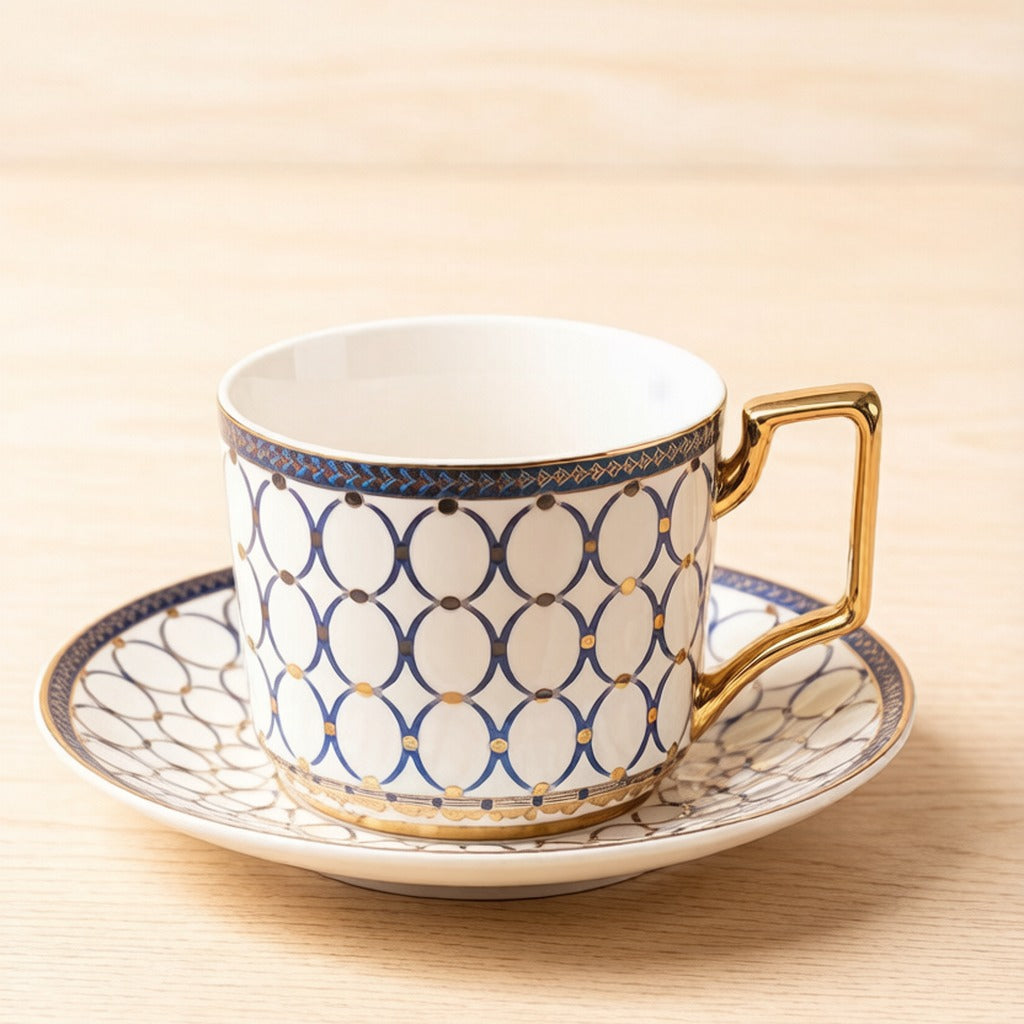 Geometric Circle Gilded Bone China Coffee Teacup And Saucer Set