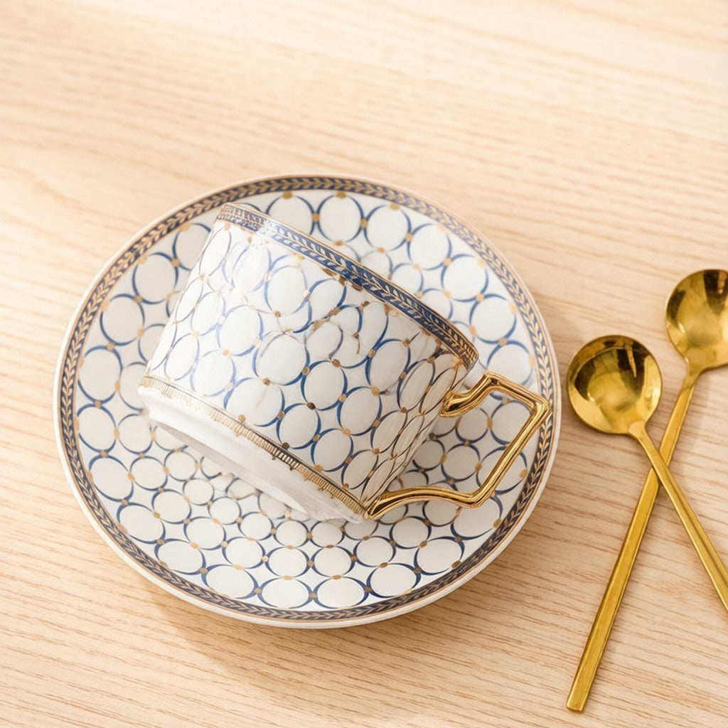 Geometric Circle Gilded Bone China Coffee Teacup And Saucer Set