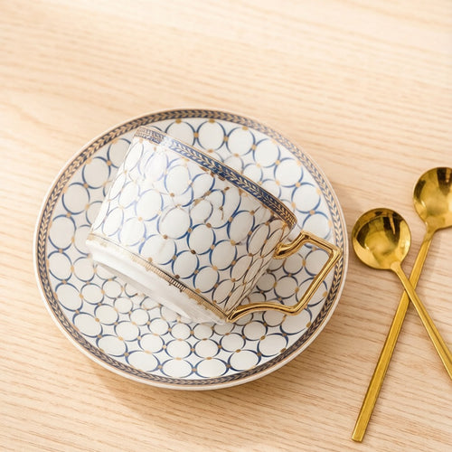 Geometric Circle Gilded Bone China Coffee Teacup And Saucer Set