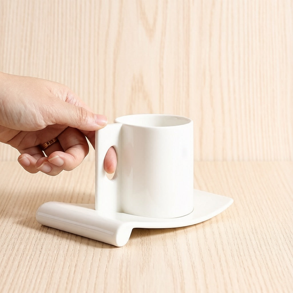 Minimalist Solid White Ceramic Coffee Cup With Irregular Square Saucer Set