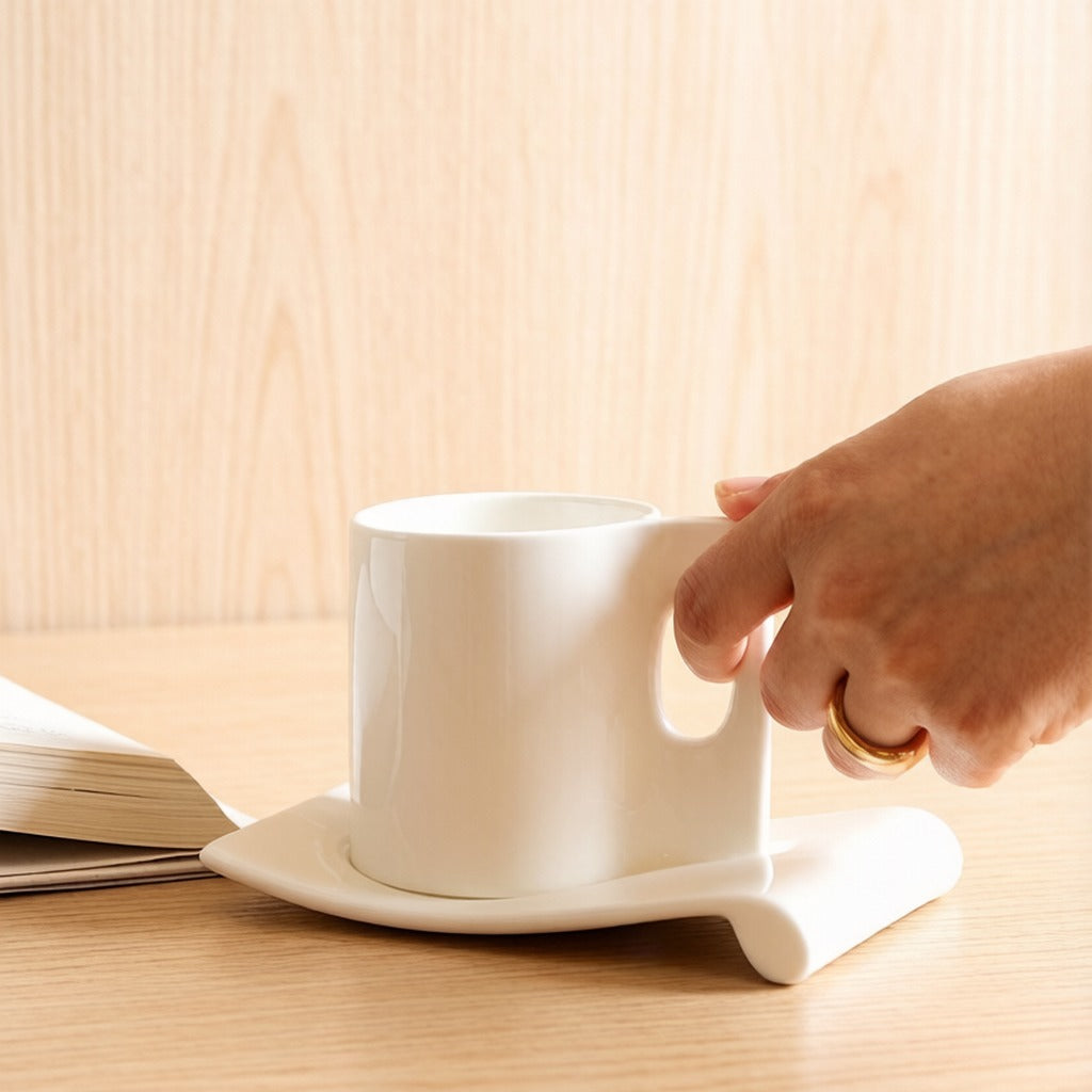 Minimalist Solid White Ceramic Coffee Cup With Irregular Square Saucer Set