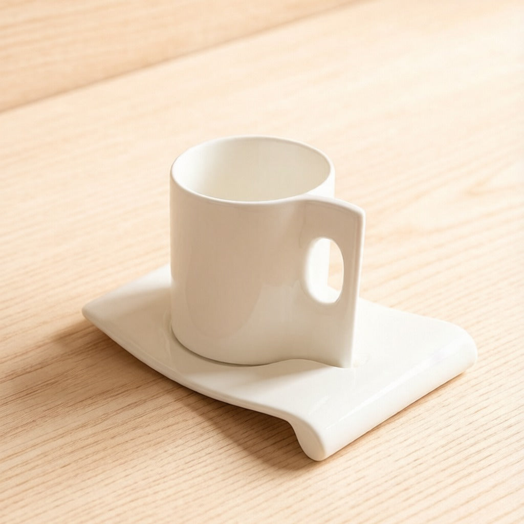 Minimalist Solid White Ceramic Coffee Cup With Irregular Square Saucer Set