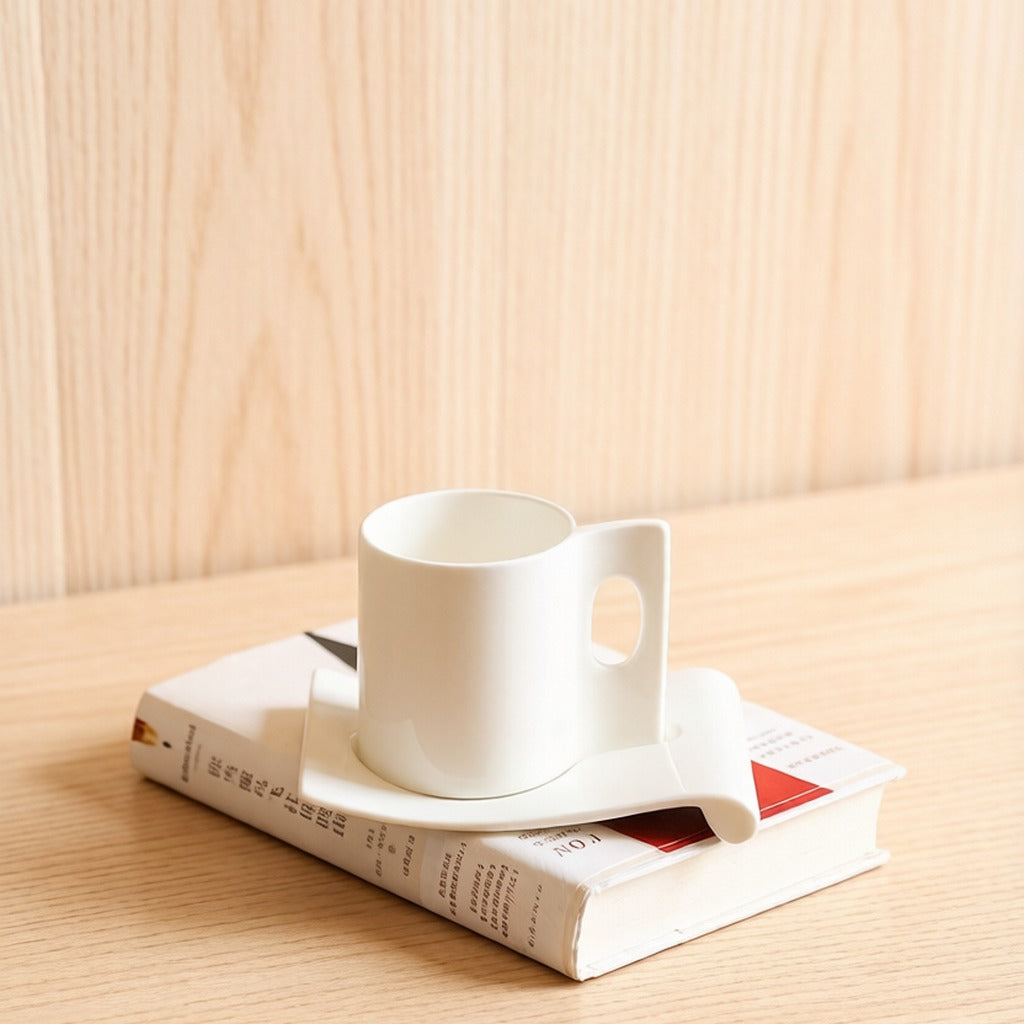 Minimalist Solid White Ceramic Coffee Cup With Irregular Square Saucer Set