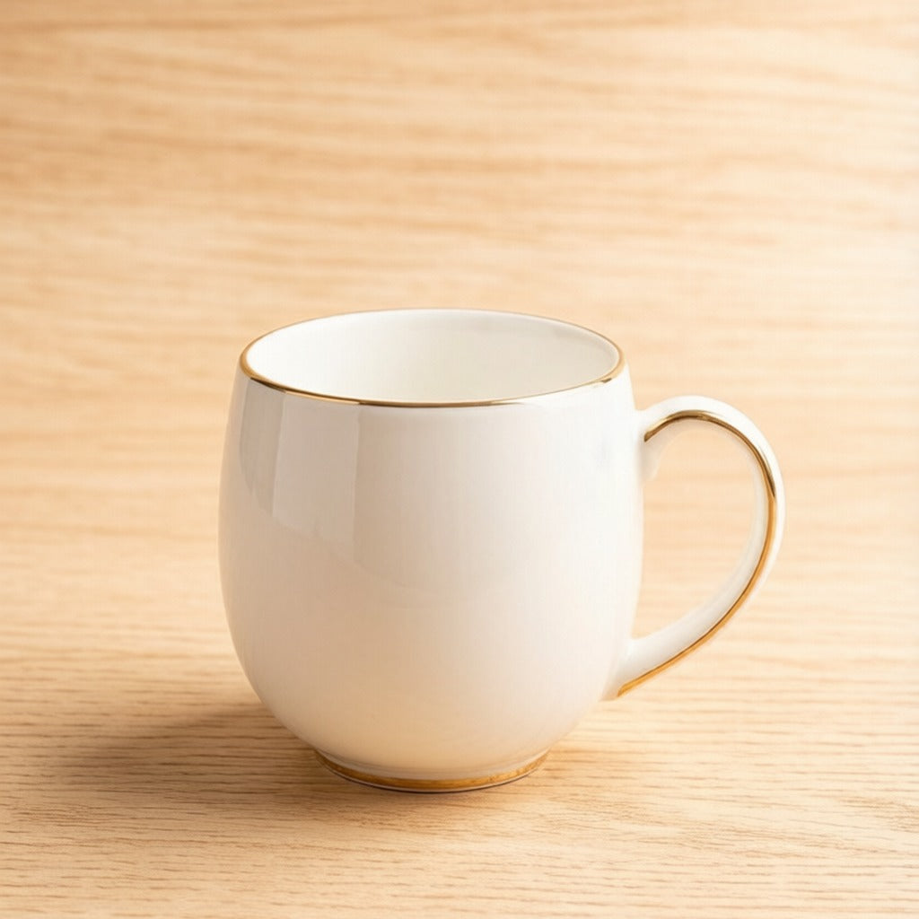 Solid White Gilded Rim Round Bulbous Bone China Coffee Mug
