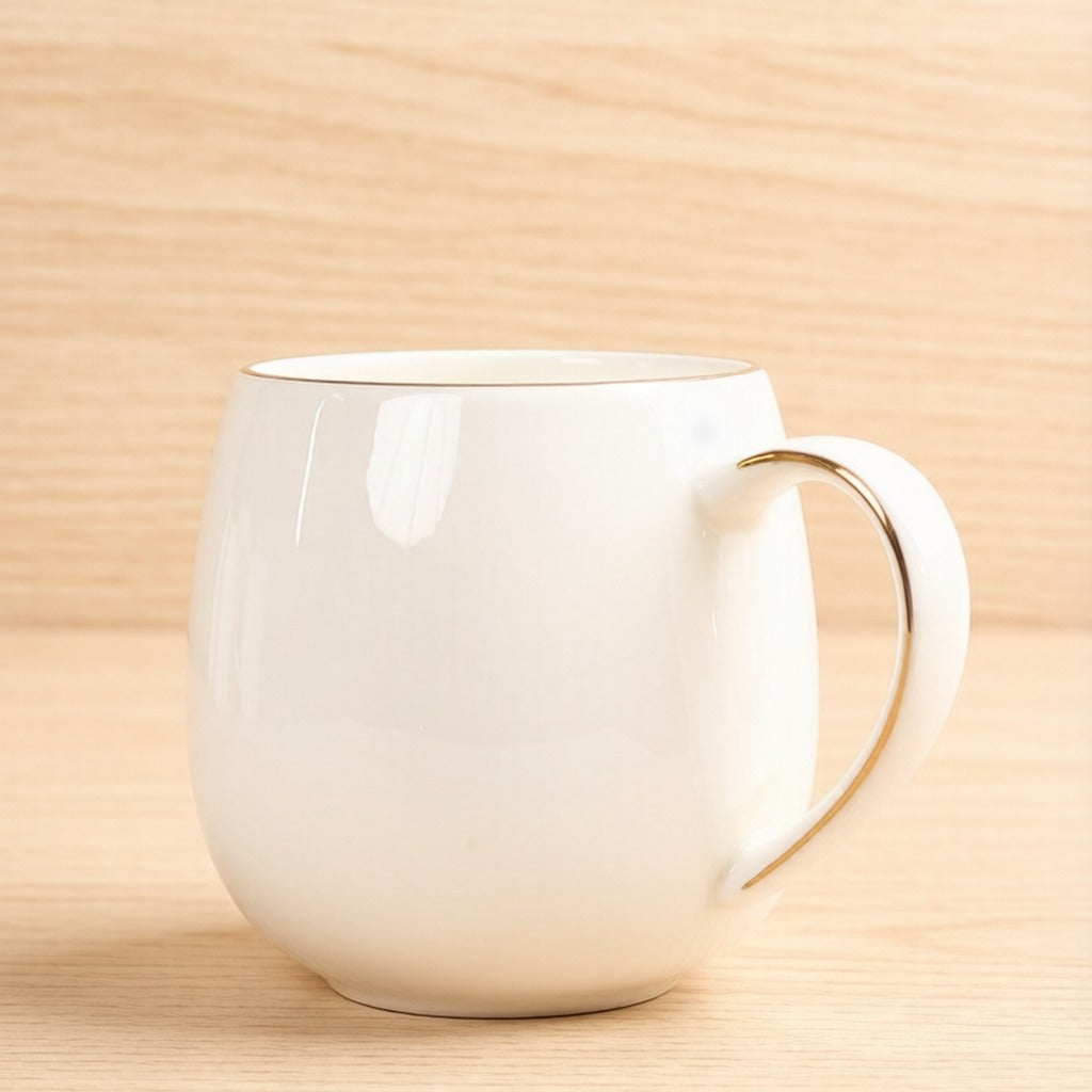 Solid White Gilded Rim Round Bulbous Bone China Coffee Mug