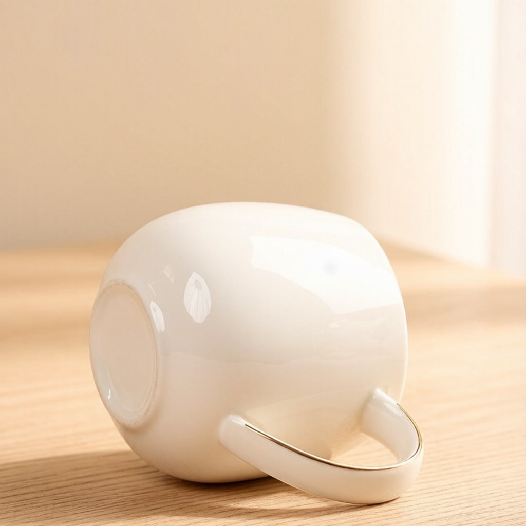 Solid White Gilded Rim Round Bulbous Bone China Coffee Mug