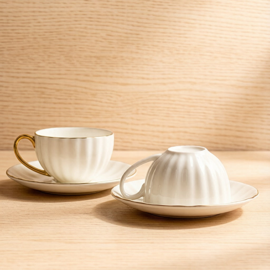 Ribbed Pumpkin Shape Gilded Bone China Teacup And Saucer Set