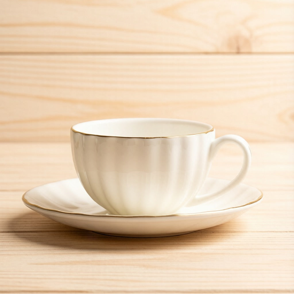 Ribbed Pumpkin Shape Gilded Bone China Teacup And Saucer Set