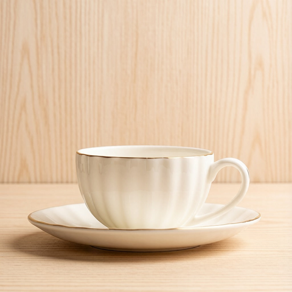 Ribbed Pumpkin Shape Gilded Bone China Teacup And Saucer Set