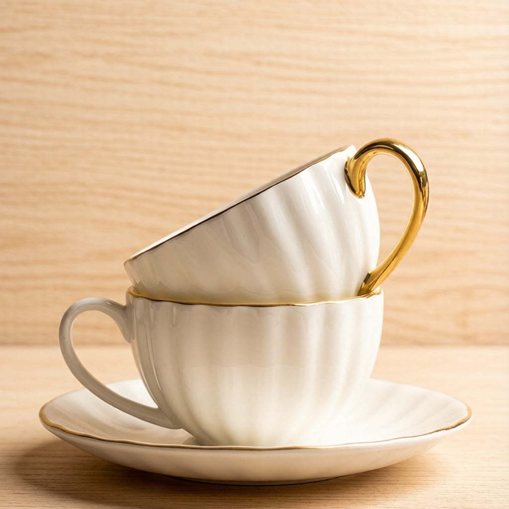 Ribbed Pumpkin Shape Gilded Bone China Teacup And Saucer Set