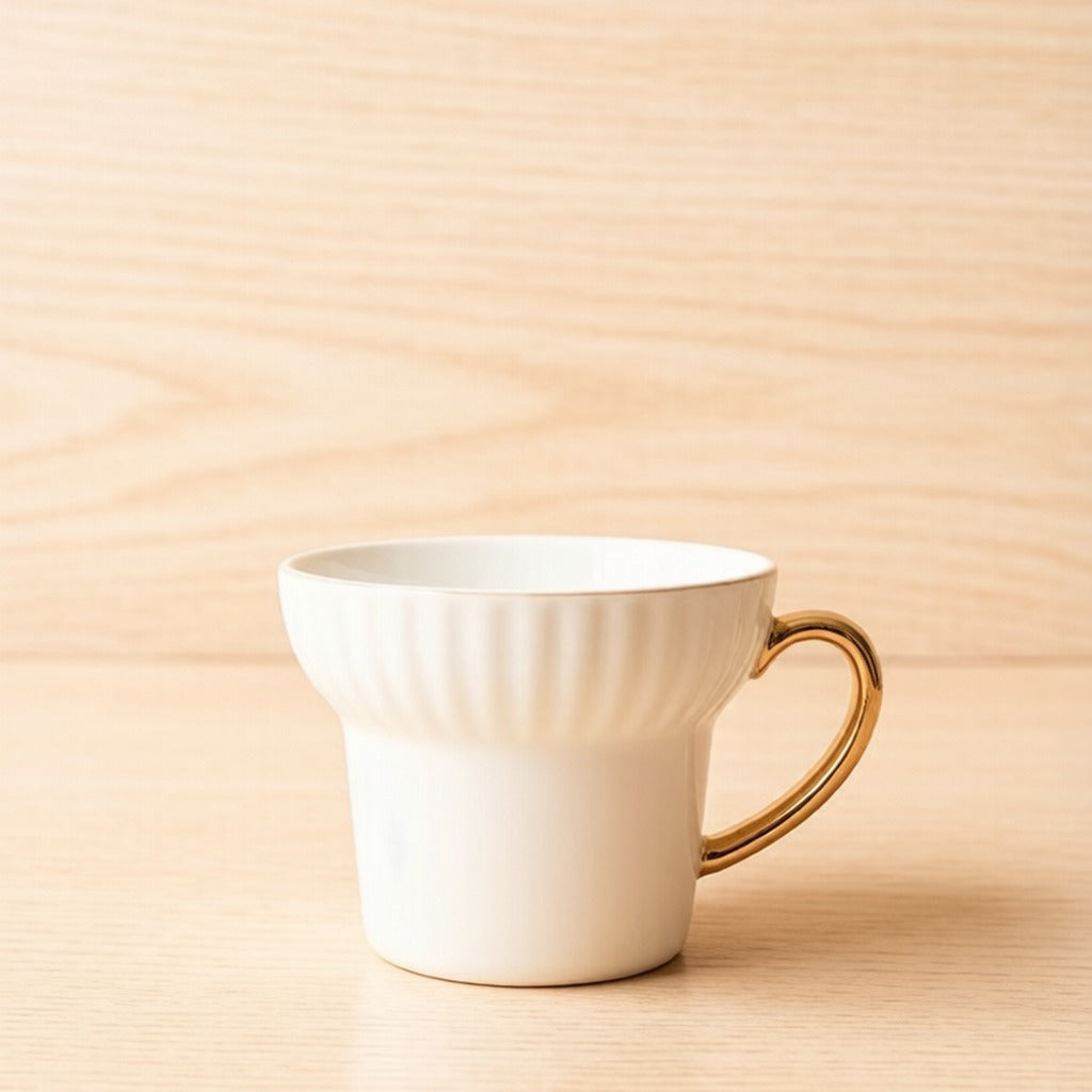 Vertical Fluted White Bone China Coffee Cup With Polished Gold Handle