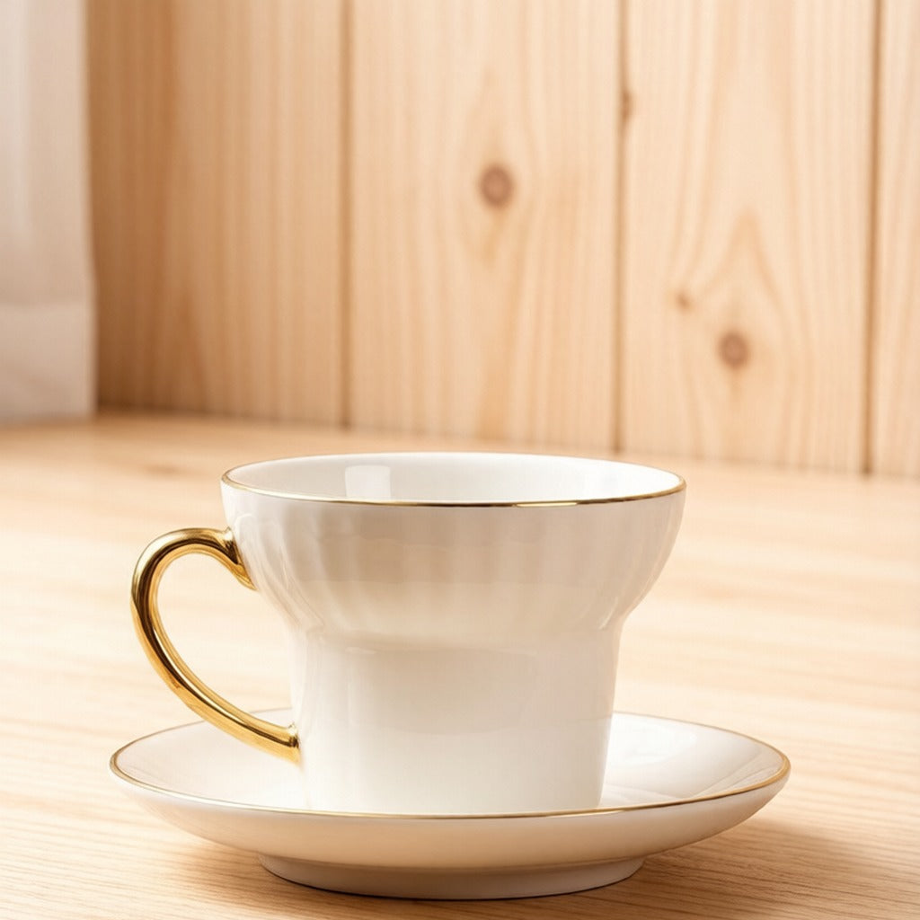 Vertical Fluted White Bone China Coffee Cup With Polished Gold Handle