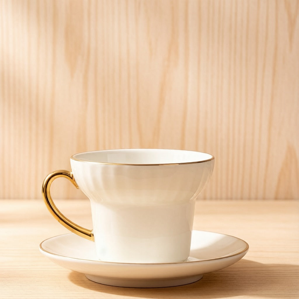 Vertical Fluted White Bone China Coffee Cup With Polished Gold Handle