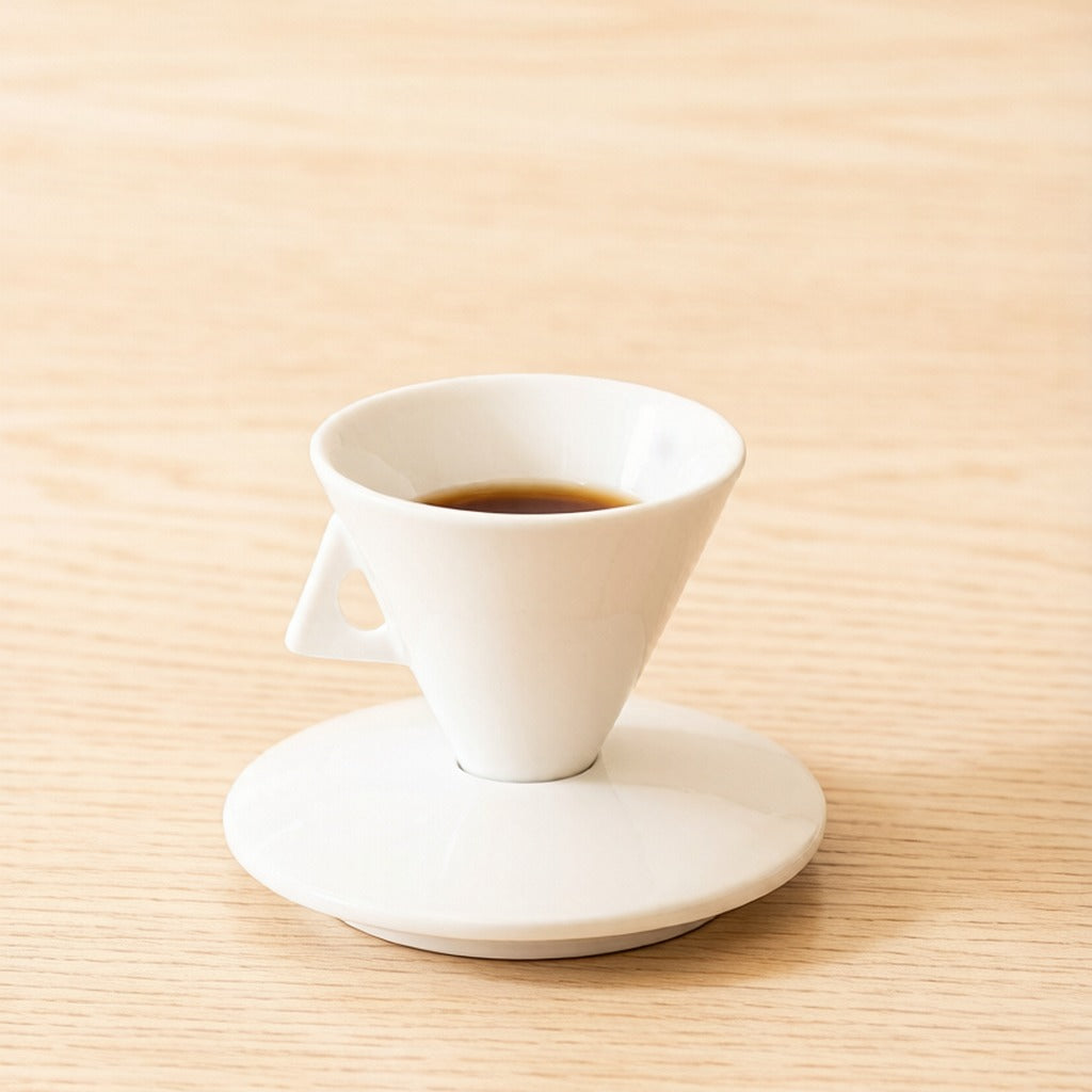 Minimalist Cone Shaped White Ceramic Espresso Cup And Saucer Set