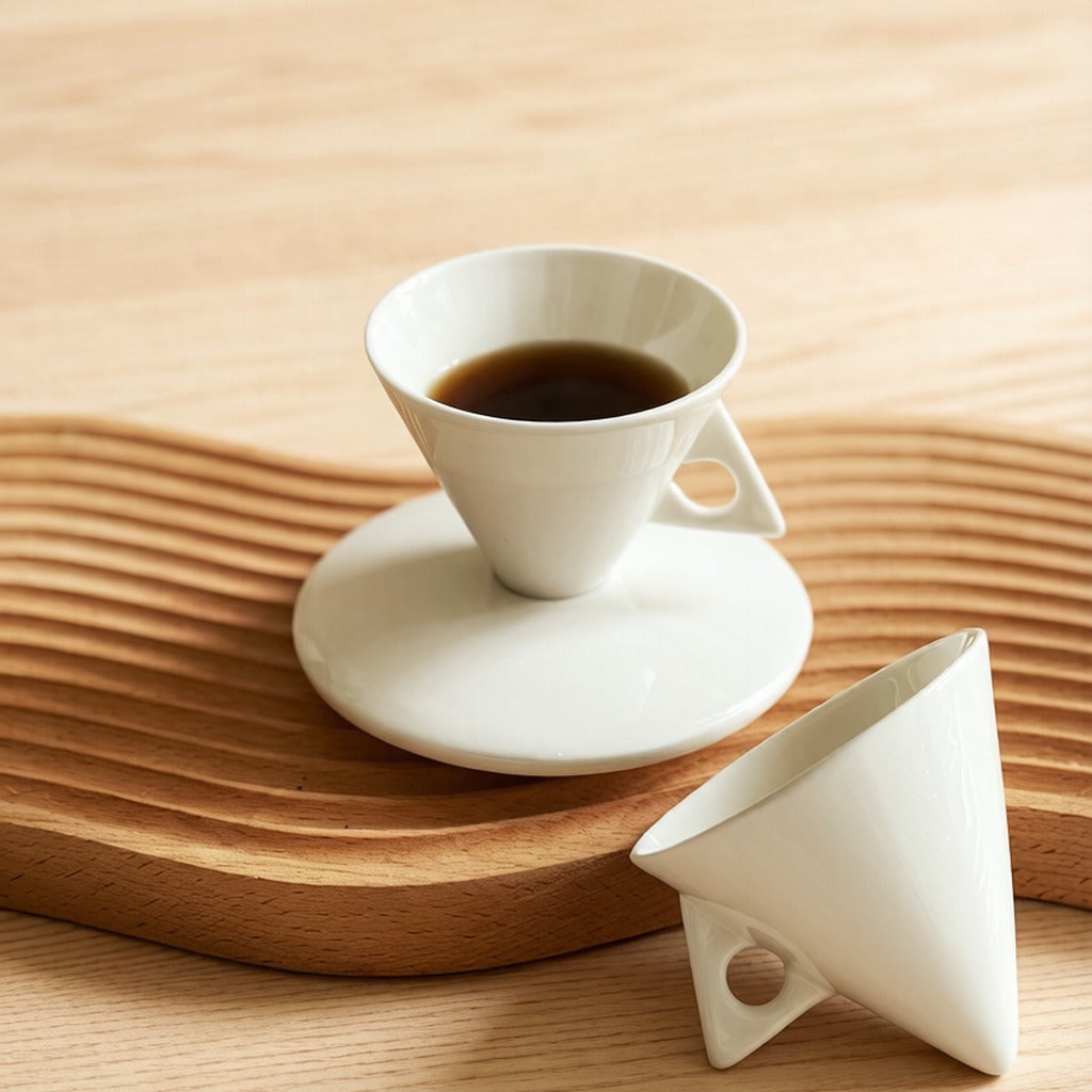 Minimalist Cone Shaped White Ceramic Espresso Cup And Saucer Set