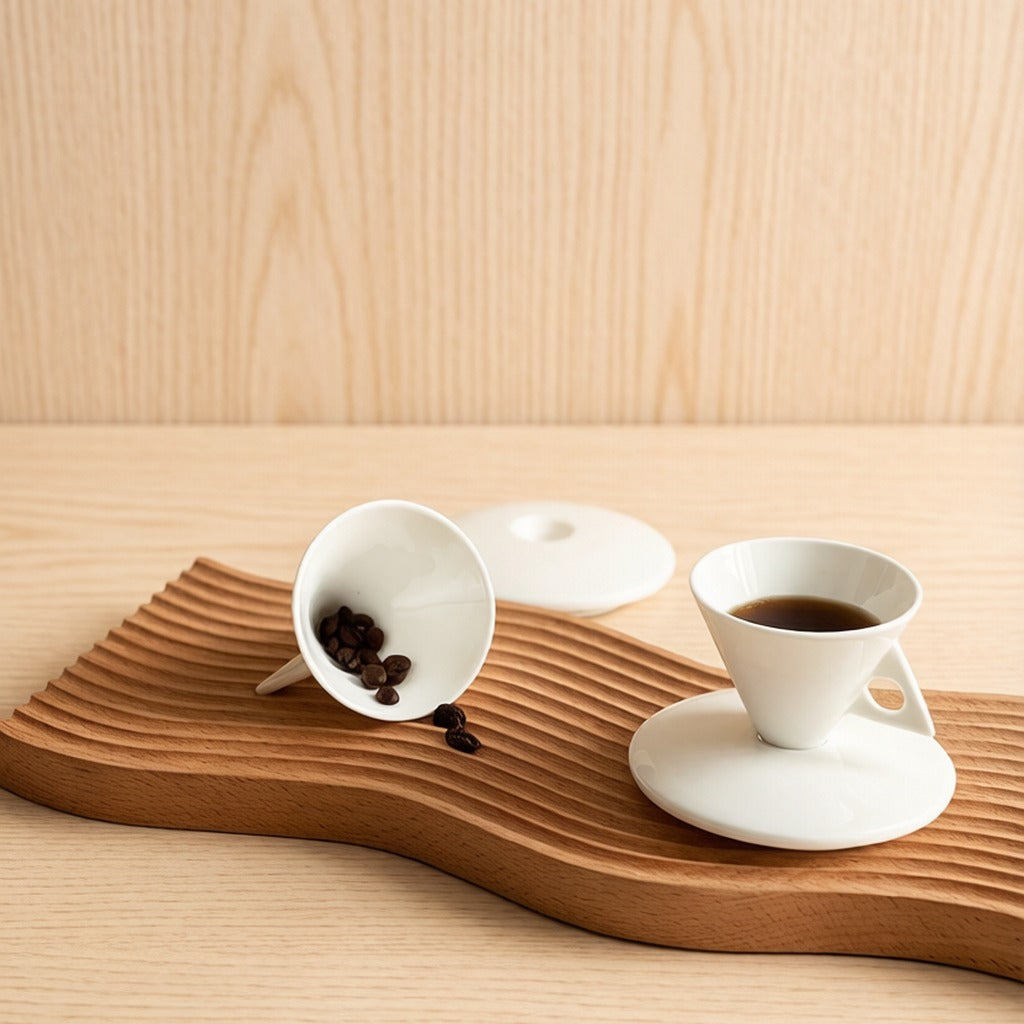 Minimalist Cone Shaped White Ceramic Espresso Cup And Saucer Set
